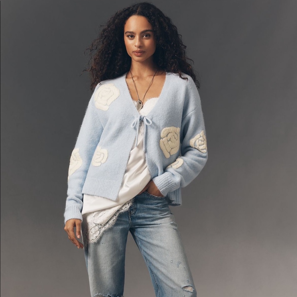 Anthropologie Flat White flowered cardigan sweater